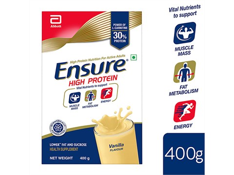 Ensure High Protein Drink - For Physically Active Adults, Vanilla Flavour, 400 g