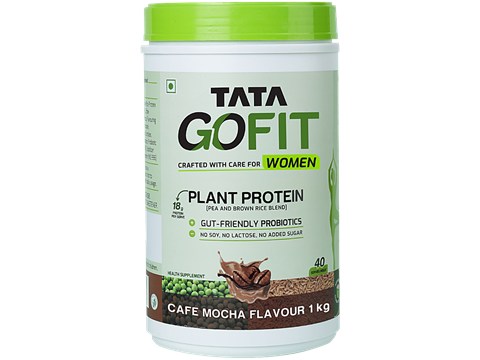Tata GoFit Plant Protein Powder - Cafe Mocha Flavour For Women, Gut-Friendly Probiotics, 1 kg