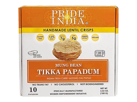 Pride Of India Tikka Curry Mung Bean Papadum - Handmade Lentil Crisps, Vegan, Gluten Free, 10 pcs