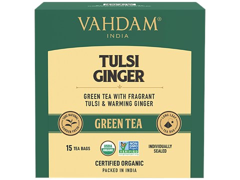 Vahdam Tulsi Ginger Green Tea Bags, 30 g