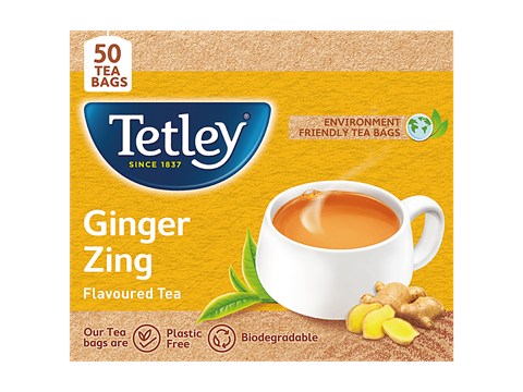Tetley Ginger Zing Tea - Flavoured, Assam Blend, Staple-Free, Environment Friendly Bags, 100 g