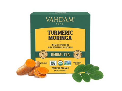 Vahdam Organic Turmeric Moringa Herbal Tea Bags - Low Caffeine, High Energy, 30 g